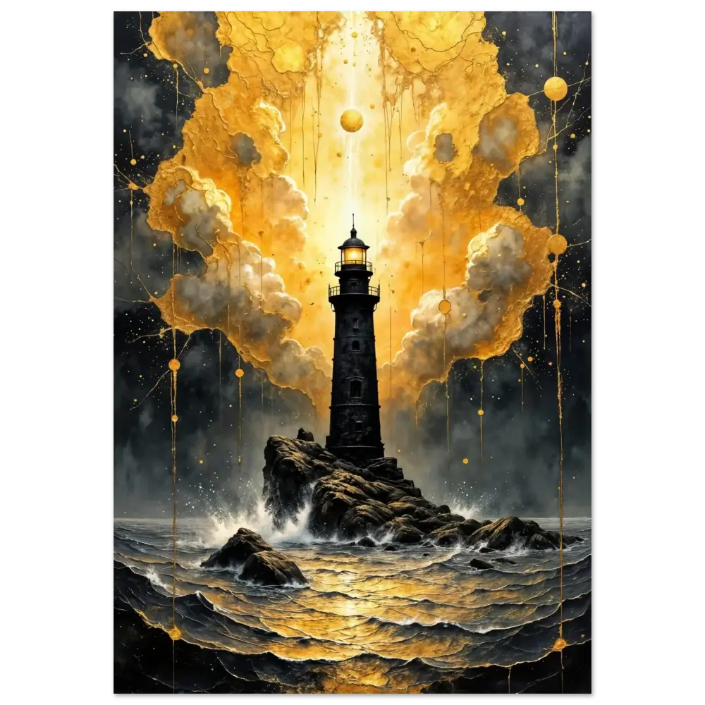 Fine Art Poster – Beacon of the Veil depicts a lone lighthouse pierces abstract clouds shimmer amidst black waves crash