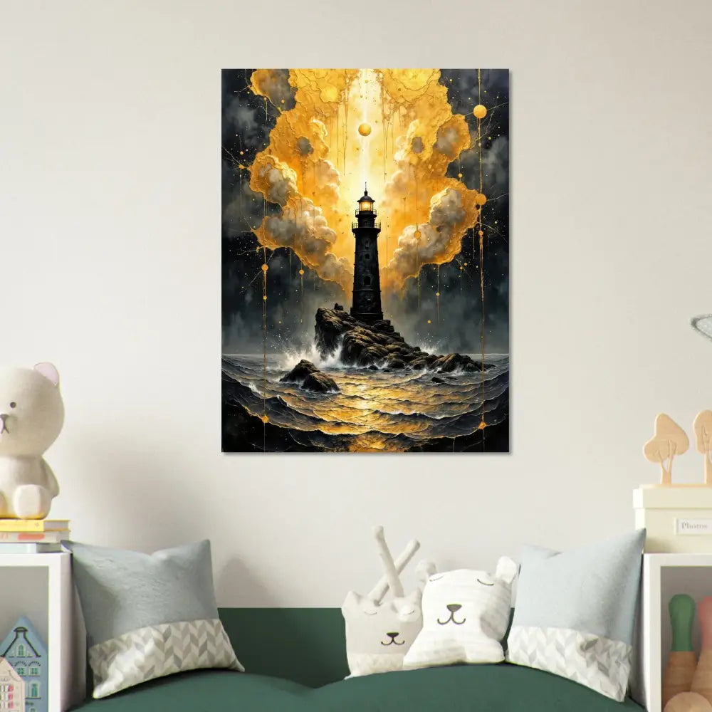 Dark lighthouse on rocky island with black waves crash and abstract clouds shimmer in stormy golden sea