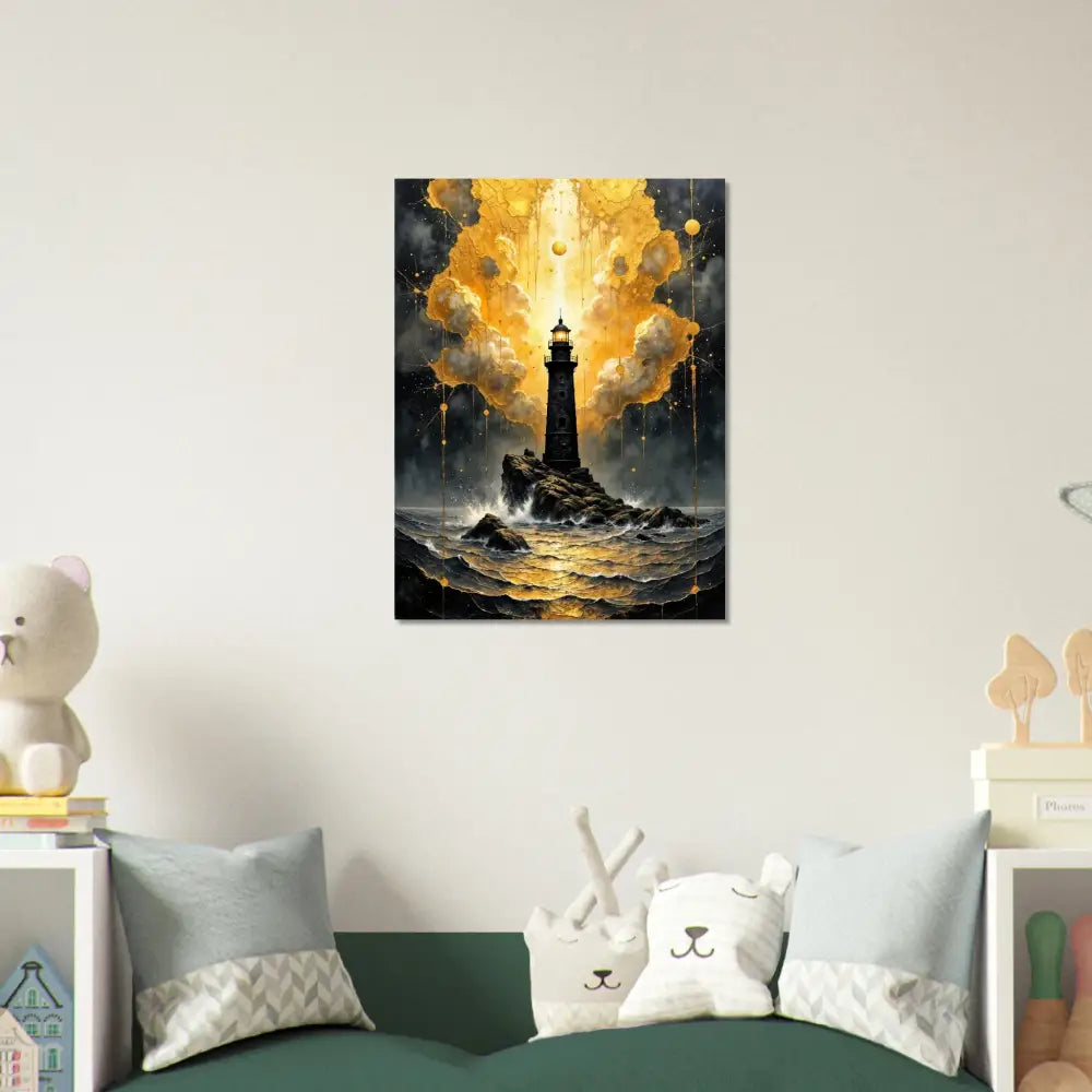 Vibrant canvas print of a lighthouse with abstract clouds shimmer and black waves crash