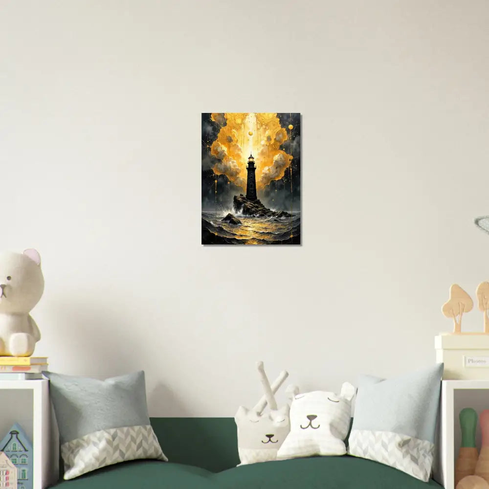 Mystical lighthouse pierces stormy sea with black waves crash amid abstract clouds shimmer and celestial glow in PixiOnyx Celestial Sentinel Print