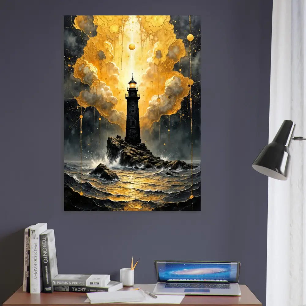 Fine Art Poster Beacon of the Veil features a lone lighthouse pierces stormy sea with shimmering clouds