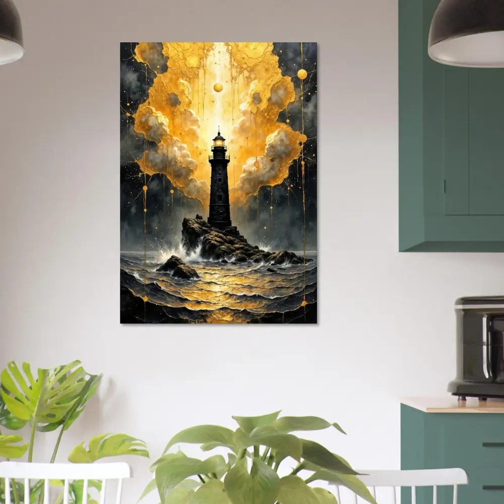 Fine Art Poster Beacon of the Veil features a lone lighthouse pierces stormy sea with shimmering clouds