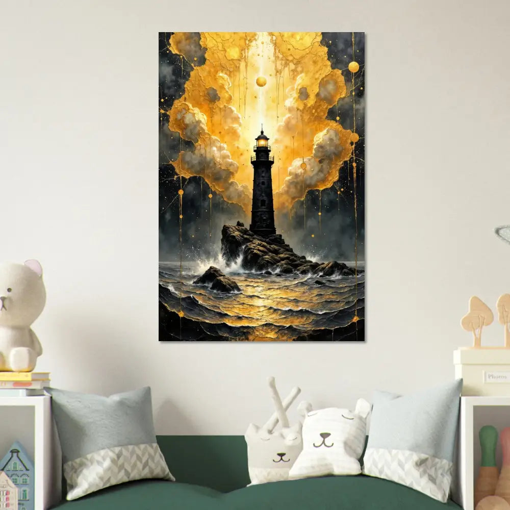 Fine Art Poster of a lone lighthouse pierces stormy sea with abstract clouds shimmer and black waves crash
