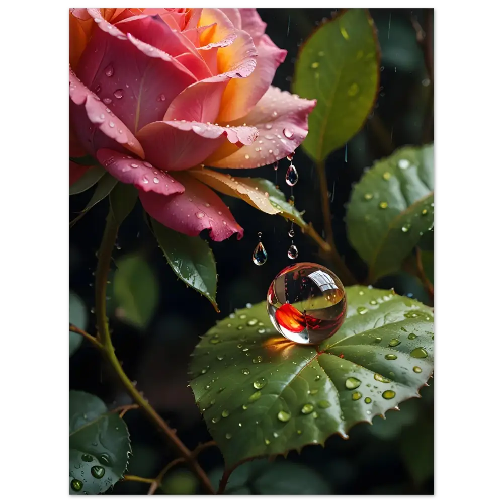 Dew-kissed rose with reflective orb on Fine Art Poster Blush Reverie PixiOnyx Botanical Daydream
