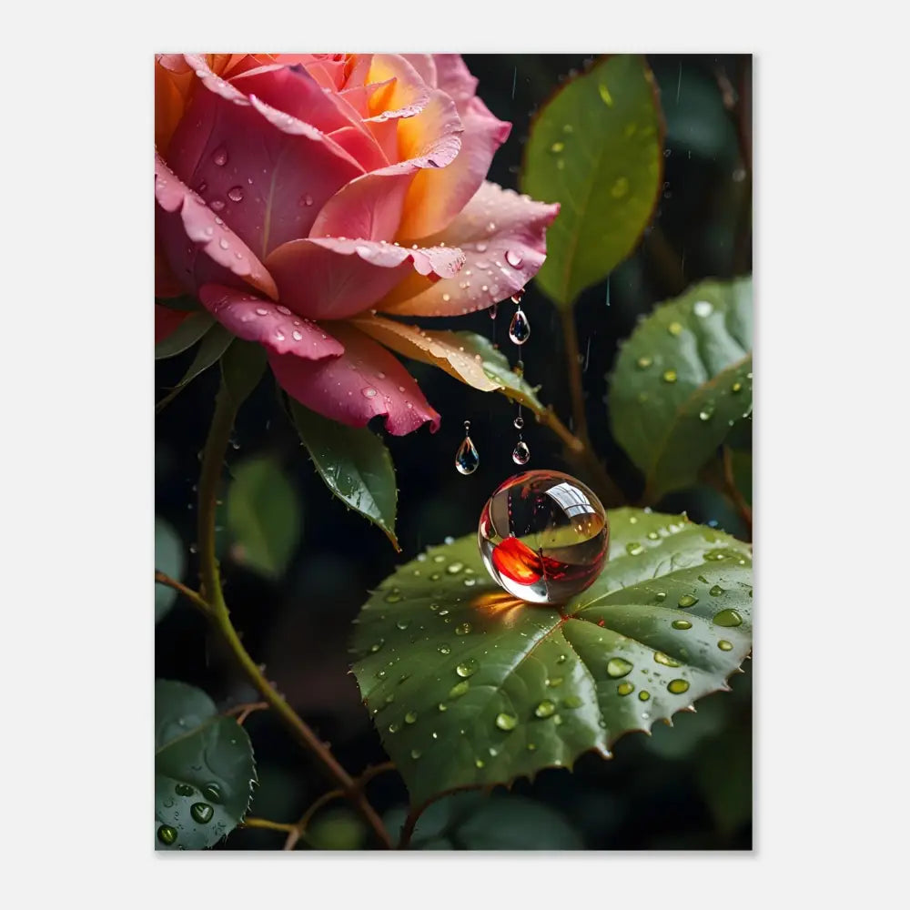 Dew-kissed rose on reflective marble in Fine Art Poster Blush Reverie PixiOnyx Botanical Daydream