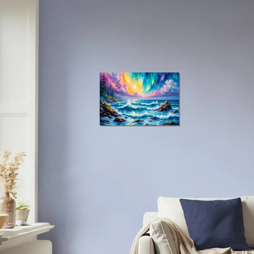 Fine Art Poster Celestial Tide with vibrant aurora borealis over sky where waves crash