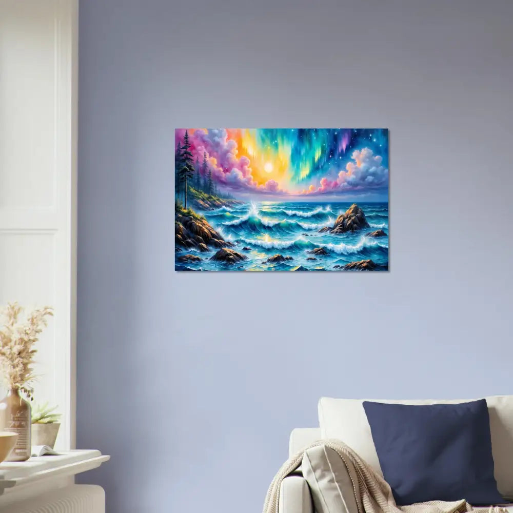 Fine art poster of celestial tide with aurora borealis over stormy sky where waves crash