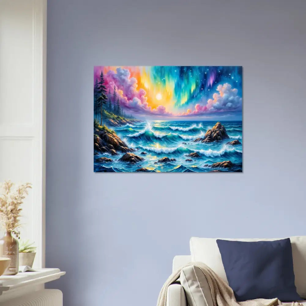 Fine art poster of celestial tide sky with vibrant aurora over waves crashing at rocky coast