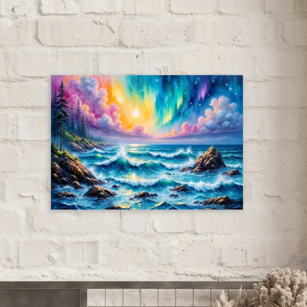 Colorful fantasy painting of celestial tide aurora over vibrant ocean waves crashing