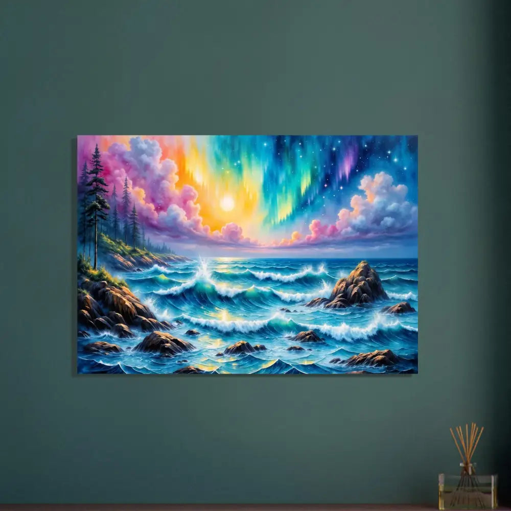 Fine art poster of celestial tide with colorful aurora over sky where waves crash at rocky coast
