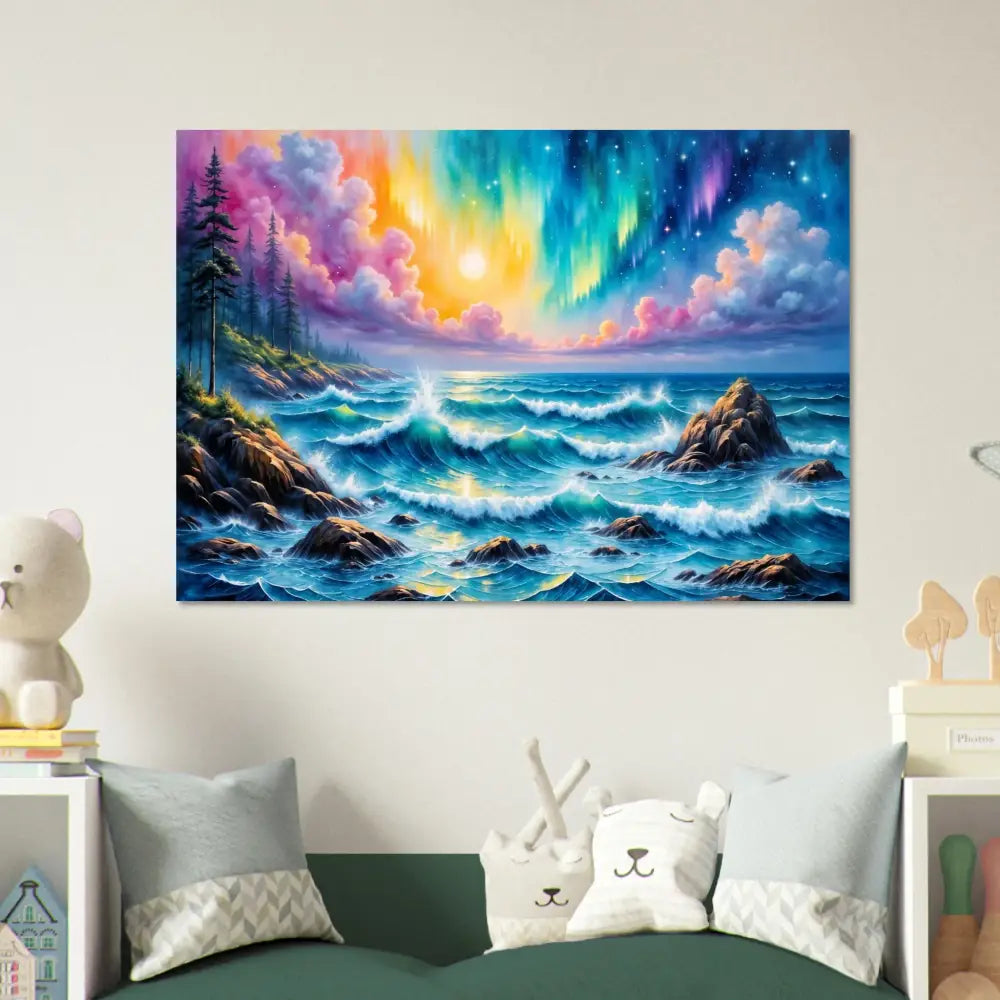 Vibrant celestial tide fine art poster of a sunset sky where waves crash over turbulent sea