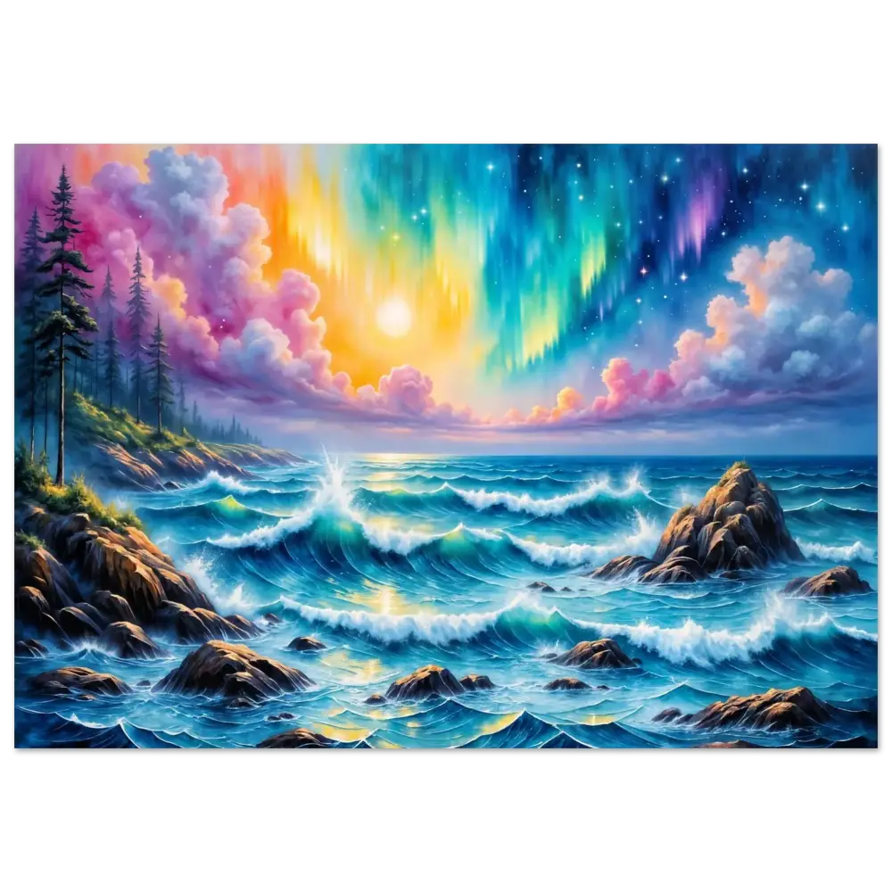Vibrant celestial tide fine art poster of an aurora borealis over a stormy sky where waves crash