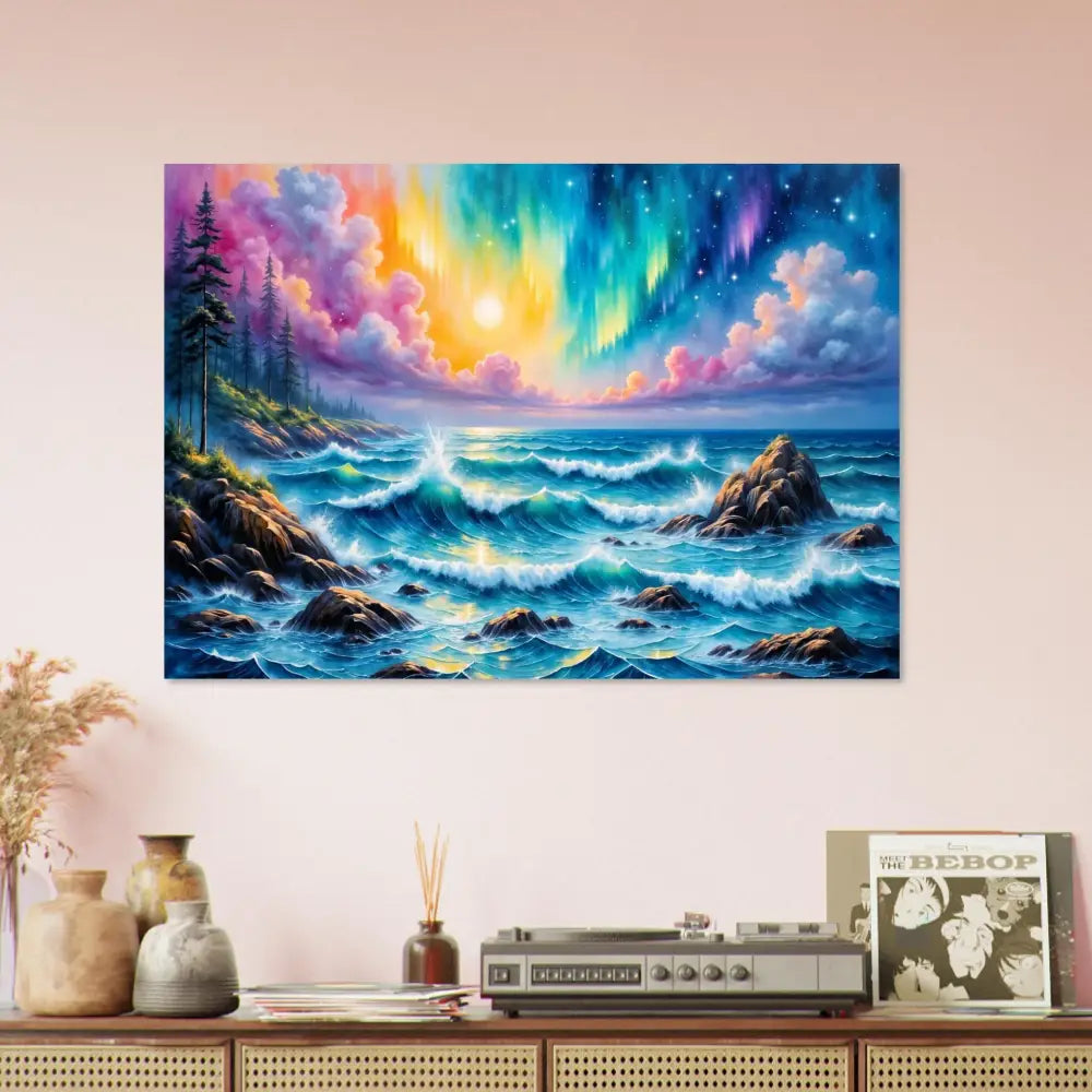 Vibrant fine art poster of celestial tide with stormy seascape and aurora borealis sky