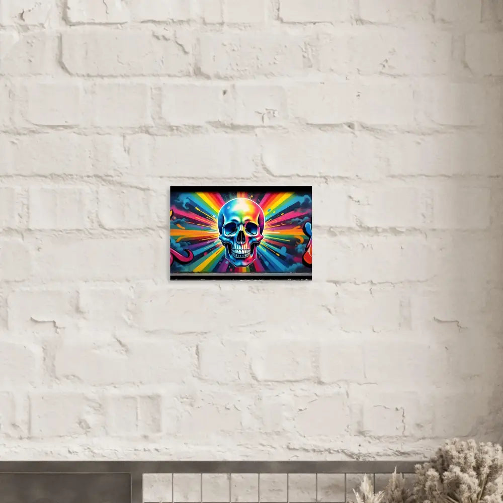 Colorful skull art poster titled Chromadelic Skullburst from PixiOnyx Surreal Street Statement