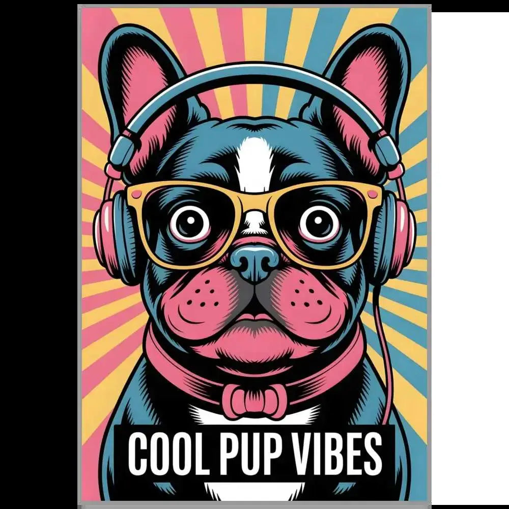 Fine art poster of a stylish pup brings headphones and glasses, Cool Pup Vibes print
