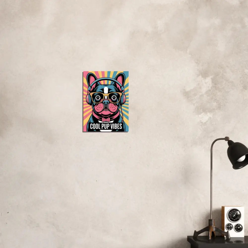 Colorful fine art illustration of a stylish pup brings headphones and sunglasses to life