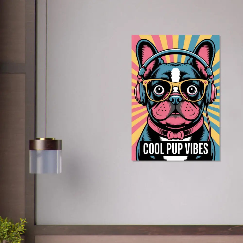 Colorful fine art poster of a stylish pup with headphones and glasses for Cool Pup Vibes