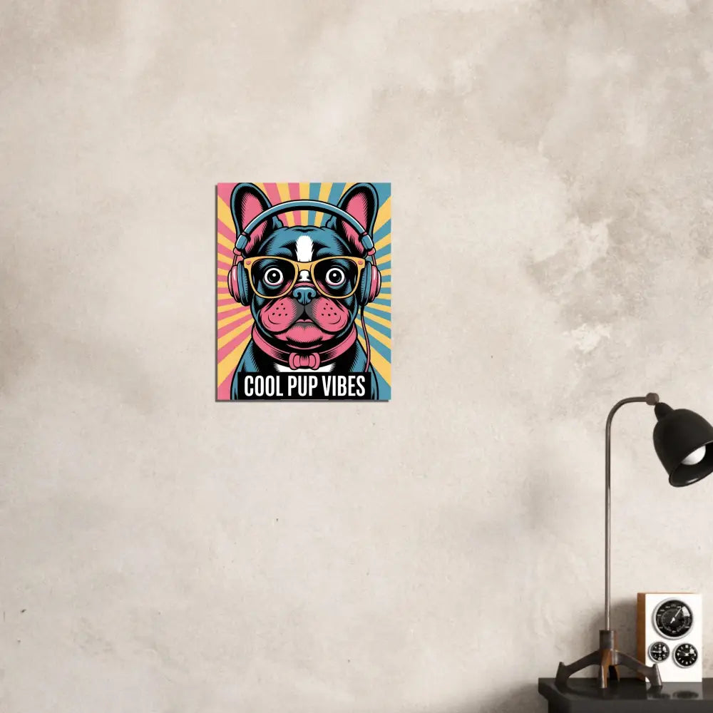 Fine art poster of a stylish pup brings cool vibes with headphones and sunglasses