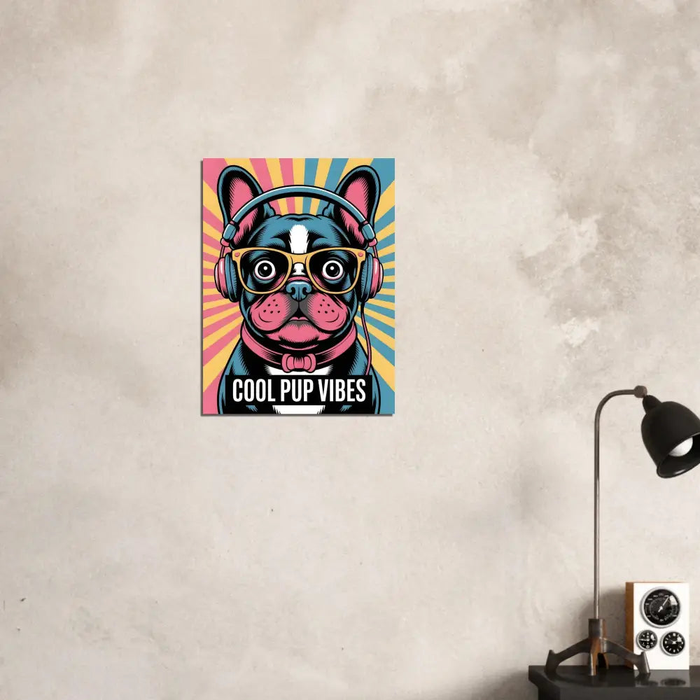 Vibrant fine art poster of stylish pup brings headphones and sunglasses with COOL PUP VIBES