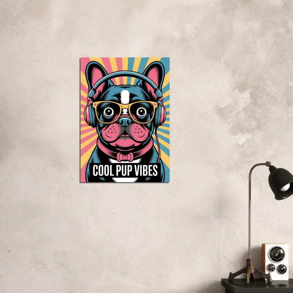 Colorful fine art poster of a stylish pup brings headphones and sunglasses in cartoon style
