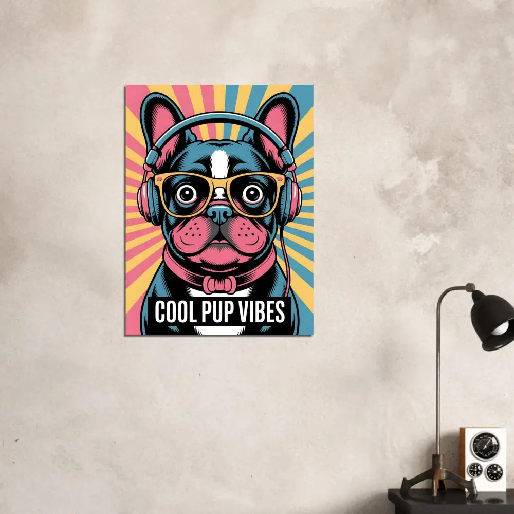 Fine art poster of a stylish pup brings headphones and glasses for modern decor