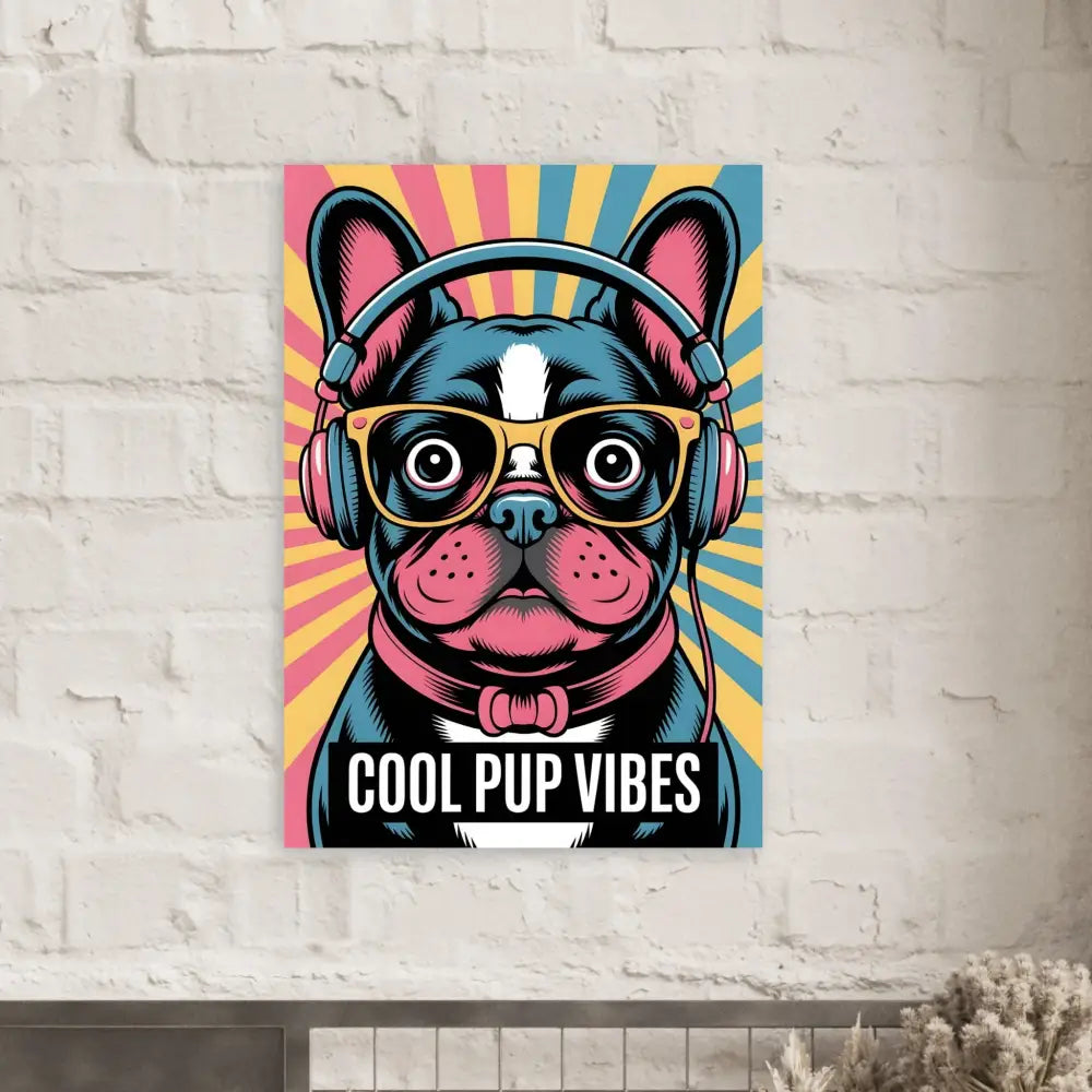 Colorful fine art print of a stylish pup brings headphones and sunglasses in pop art style