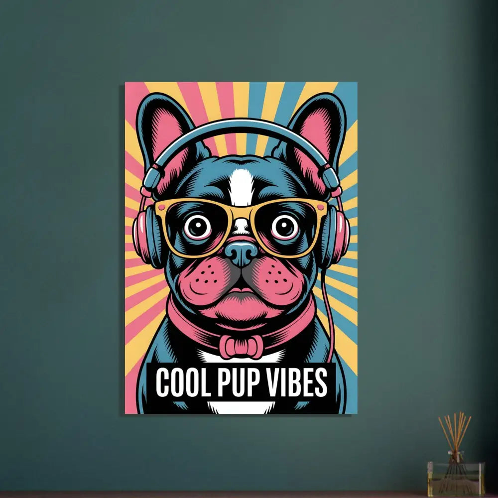 Colorful fine art pop art style illustration of a stylish pup brings headphones and glasses
