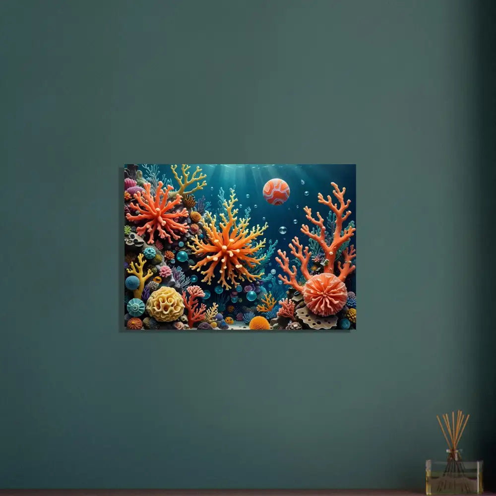 Vibrant coral reef artwork displayed on Fine Art Poster Coral Reverie by PixiOnyx