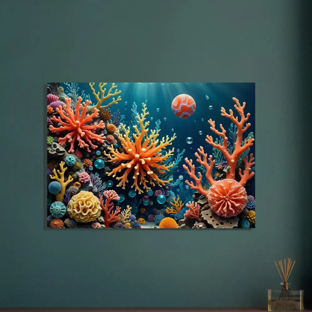 Vibrant coral reef artwork displayed on Fine Art Poster Coral Reverie by PixiOnyx