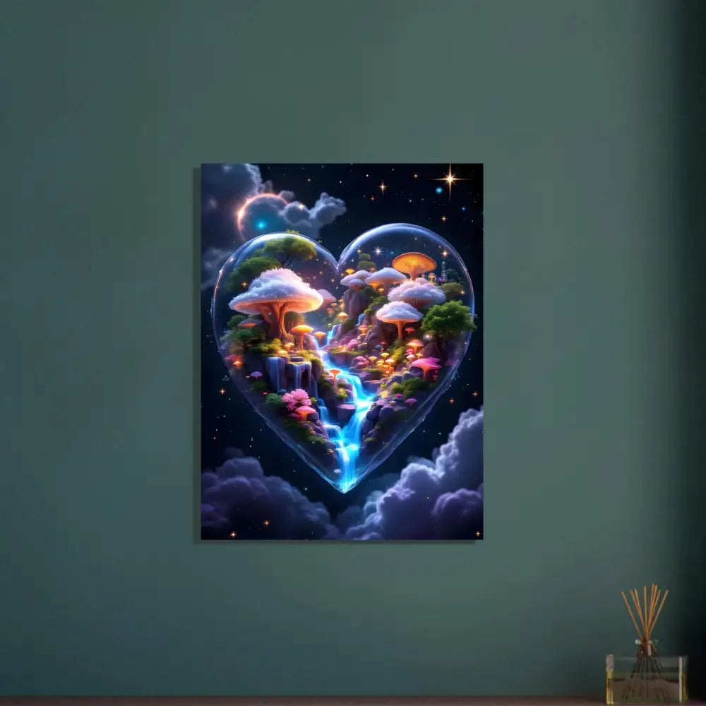 Heart-shaped fantasy mushroom landscape featured on Fine Art Poster Cosmic Heart PixiOnyx Dreamcore Display
