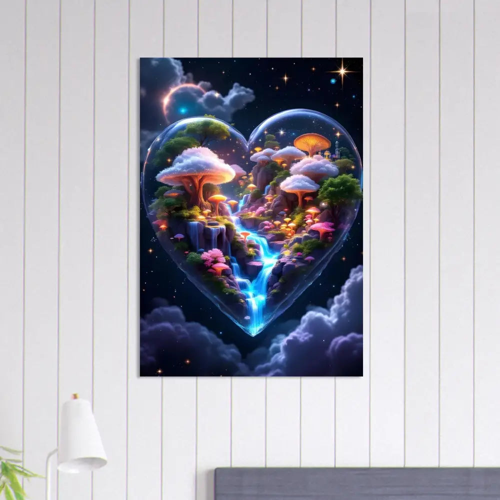 Heart-shaped fantasy mushroom landscape on PixiOnyx Dreamcore Fine Art Poster