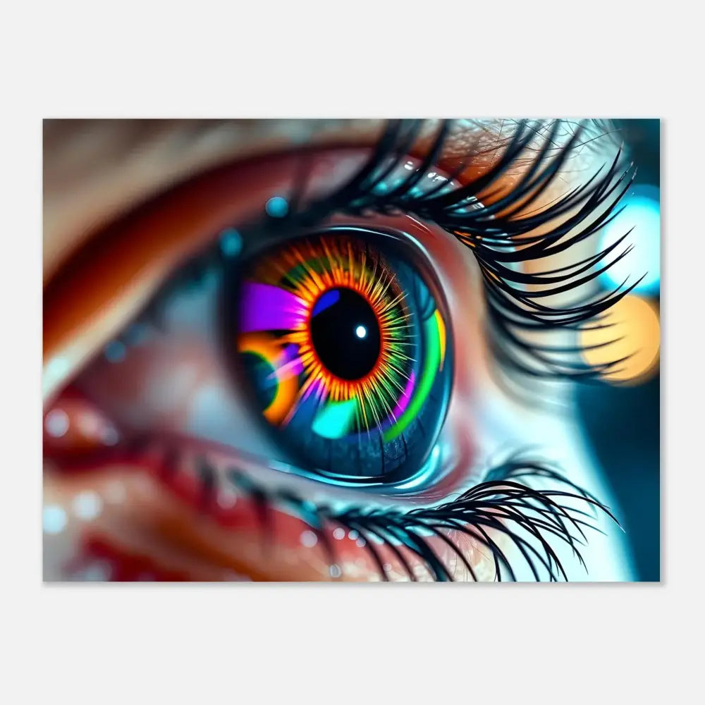 Vibrant rainbow-colored eye with long lashes on PixiOnyx Dreamscape Cosmic Iris poster