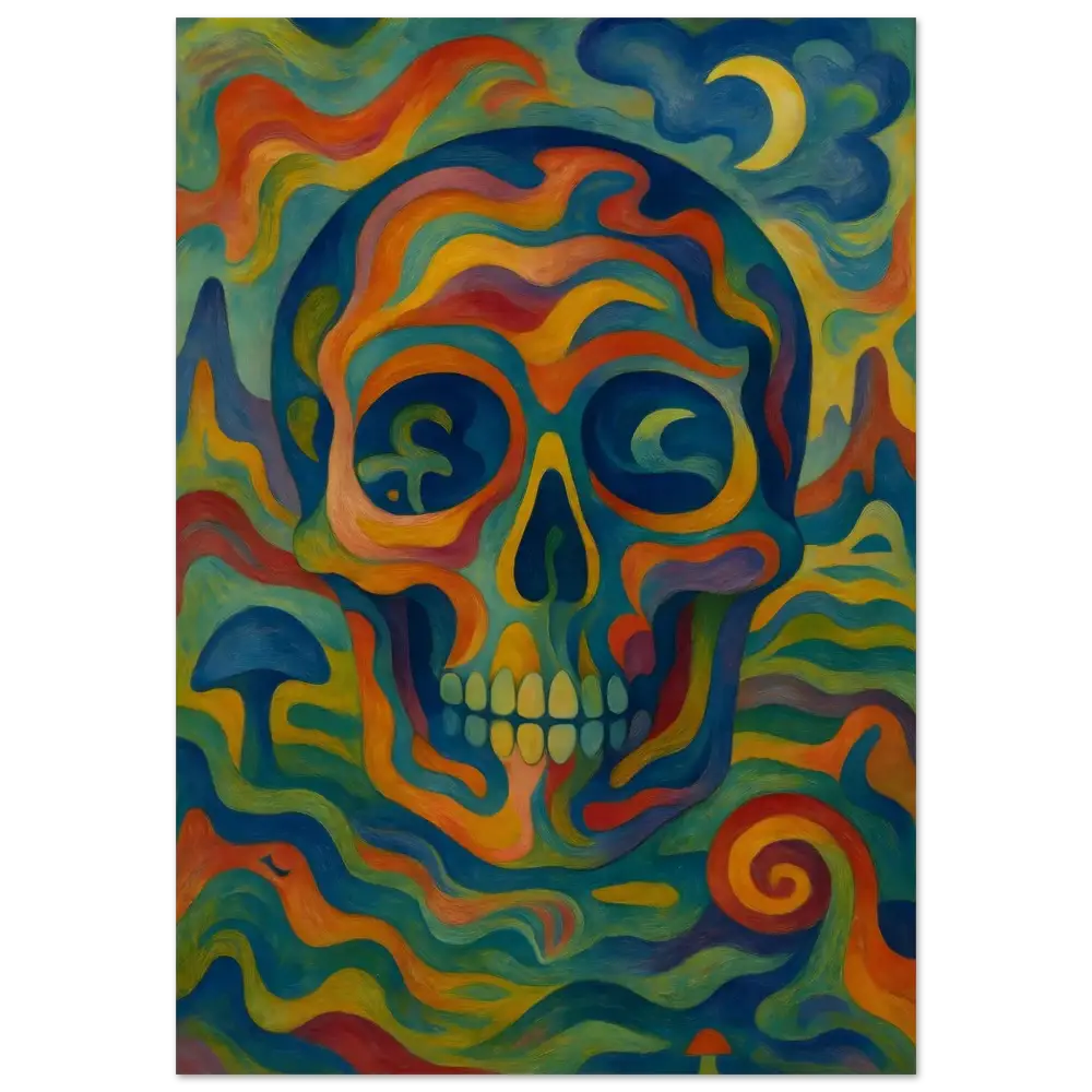 Colorful psychedelic skull painting displayed on PixiOnyx Fine Art Poster Craniocolor