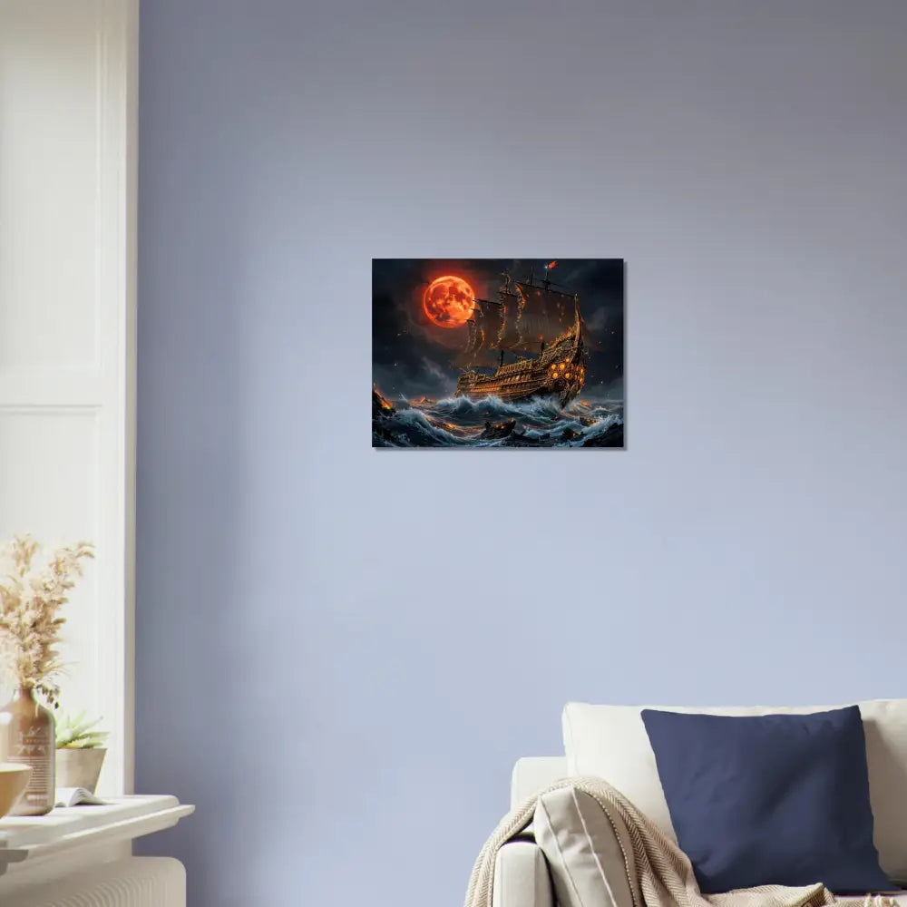 Colorful art print of pirate ship on rough seas under a burning blood moon in Crimson Reign