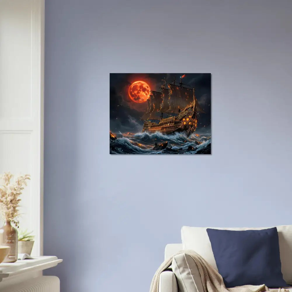 Framed canvas print of a pirate ship on rough seas under a blood moon for Crimson Reign