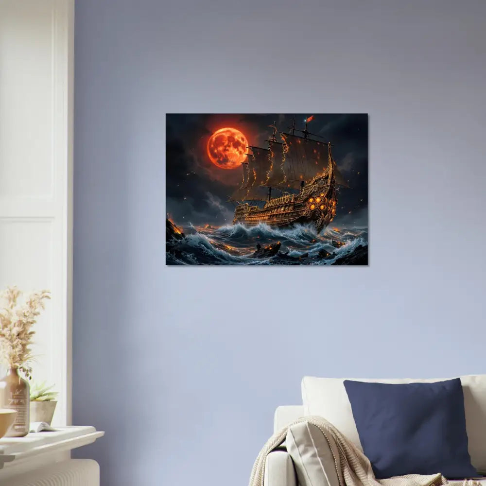 Canvas print of a pirate ship on rough seas under a blood moon for Crimson Reign