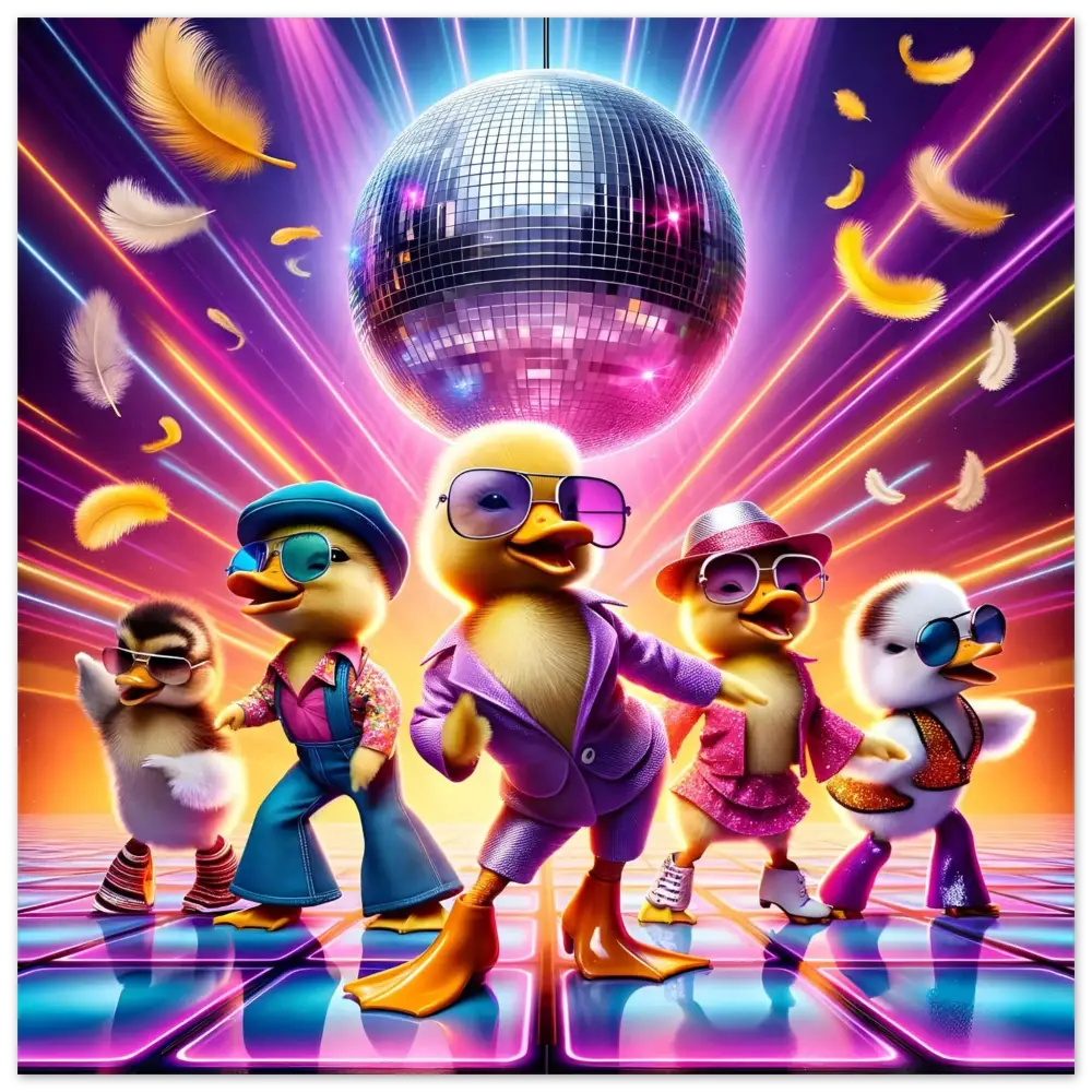 Disco-dancing ducklings art poster for Retro Absurdist decor by PixiOnyx