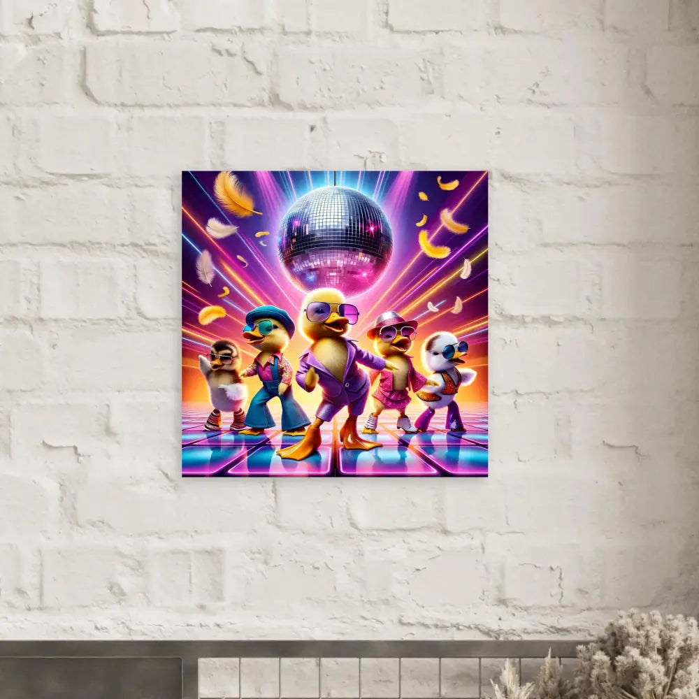 Disco Duck Art Print displayed in Fine Art Poster Disco Ducklings PixiOnyx Retro Absurdist Display