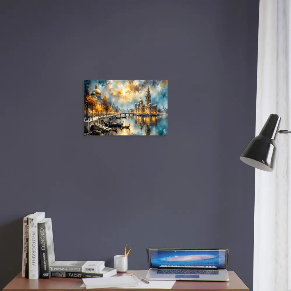 Surreal riverside vista painting on museum-quality matte paper featuring colorful cityscape and boats
