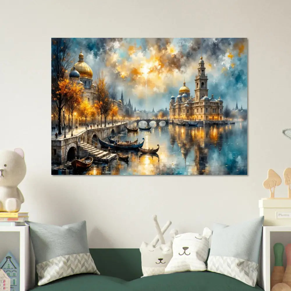Vibrant watercolor of a European city at dusk on museum-quality matte paper, surreal riverside vista