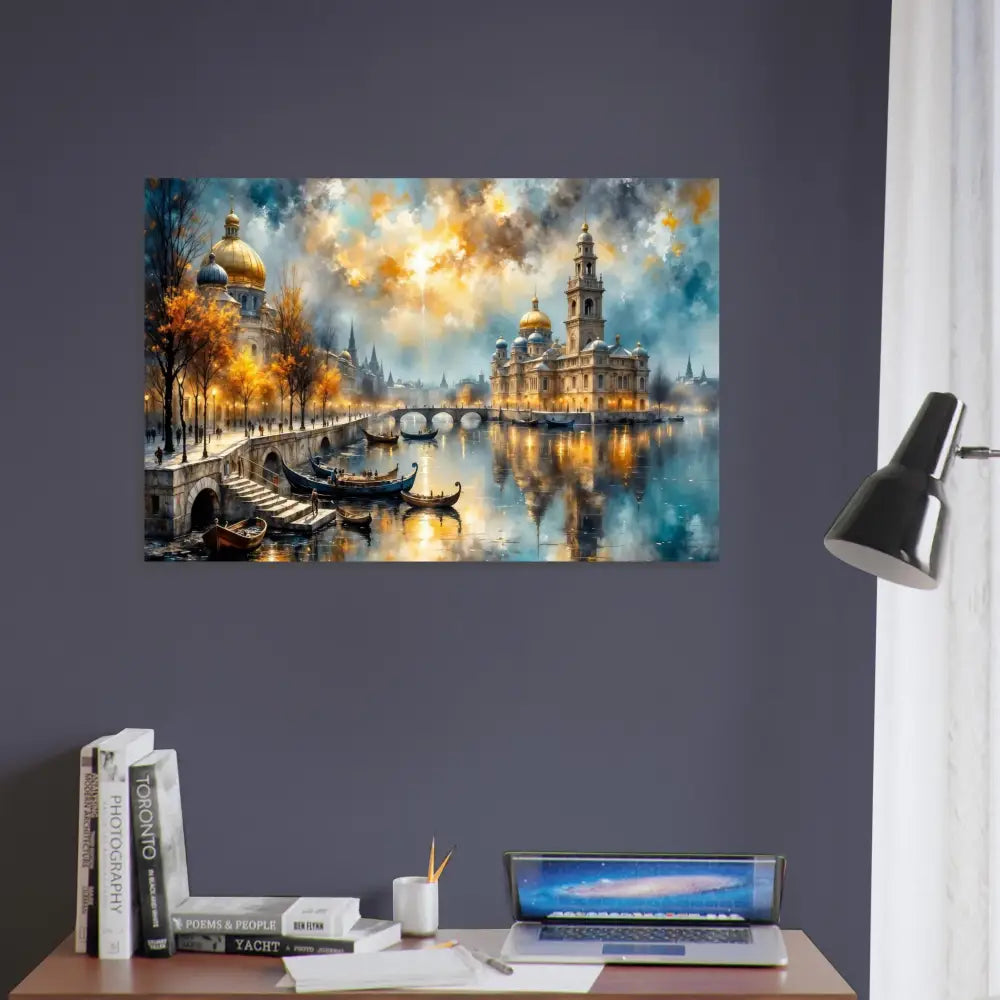 Vibrant impressionistic European city twilight poster on museum-quality matte paper