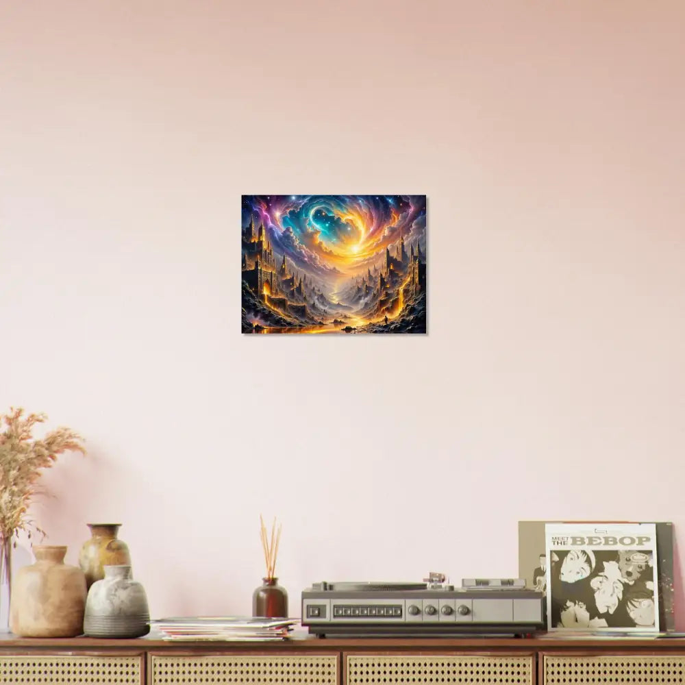 Vibrant fine art poster of Eclipsed Citadel with golden fortress cities and swirling celestial sky