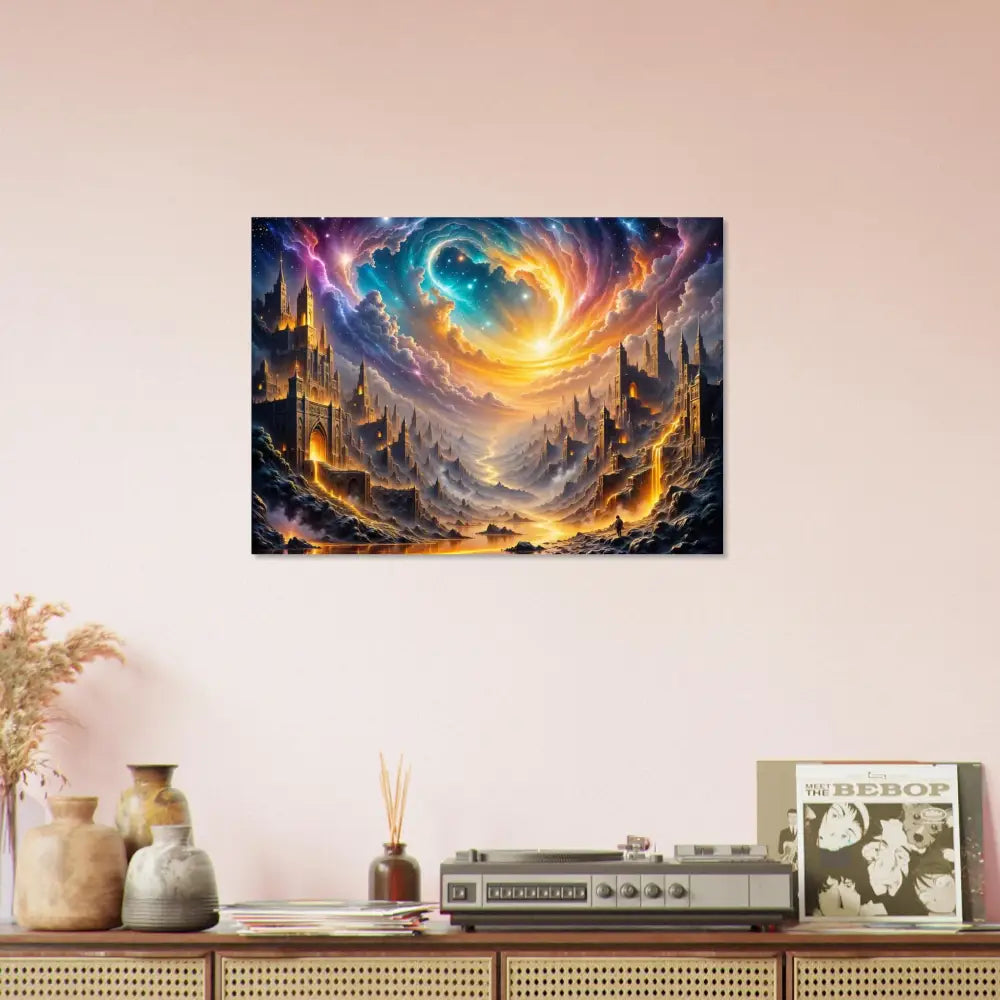 Vibrant fantasy landscape painting of an eclipsed citadel above golden fortress cities