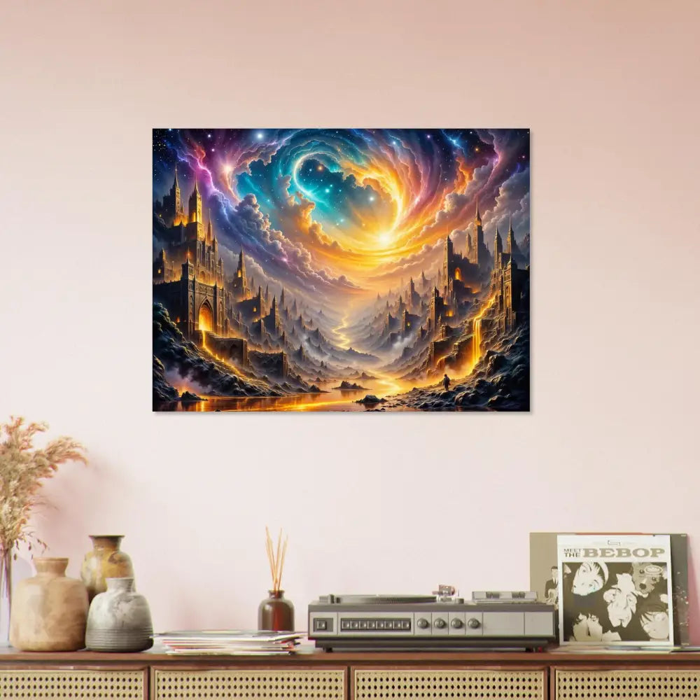 Fine art poster of Eclipsed Citadel with celestial vortex over golden fortress cities