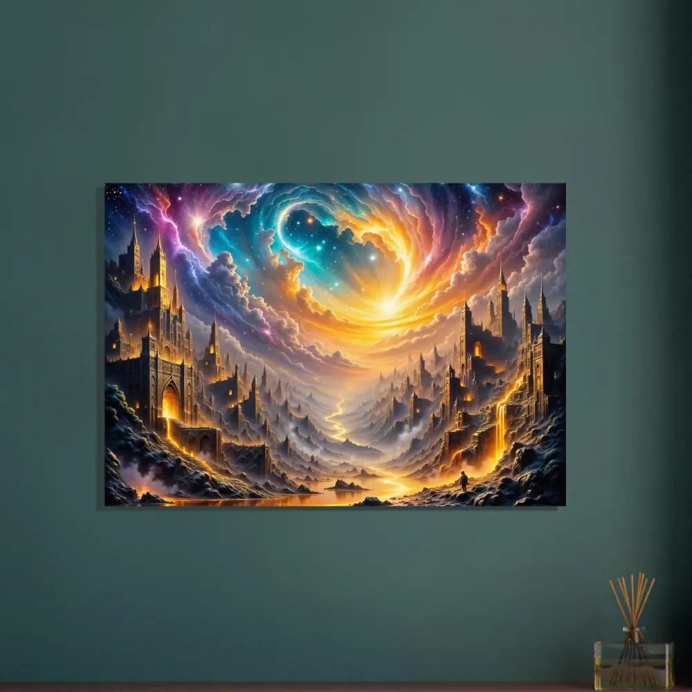 Fine art poster of Eclipsed Citadel with colorful castles, glowing river, starry sky