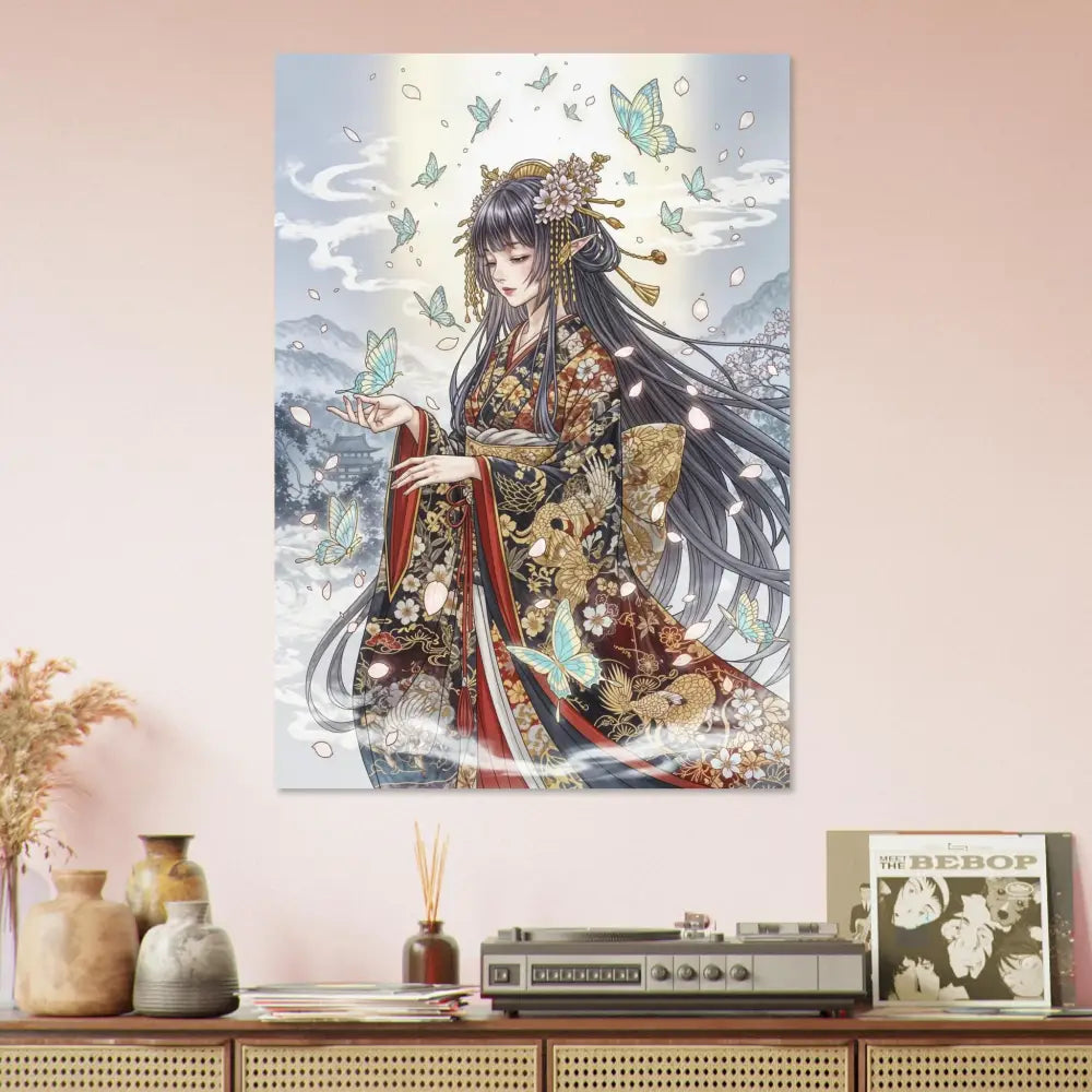 Anime-style portrait of an ethereal kimono maiden with butterflies in ornate kimono