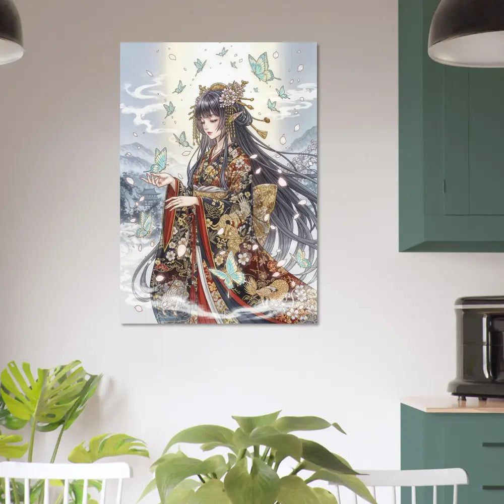 Anime-style artwork of an ethereal kimono maiden surrounded by butterflies for Fine Art Poster