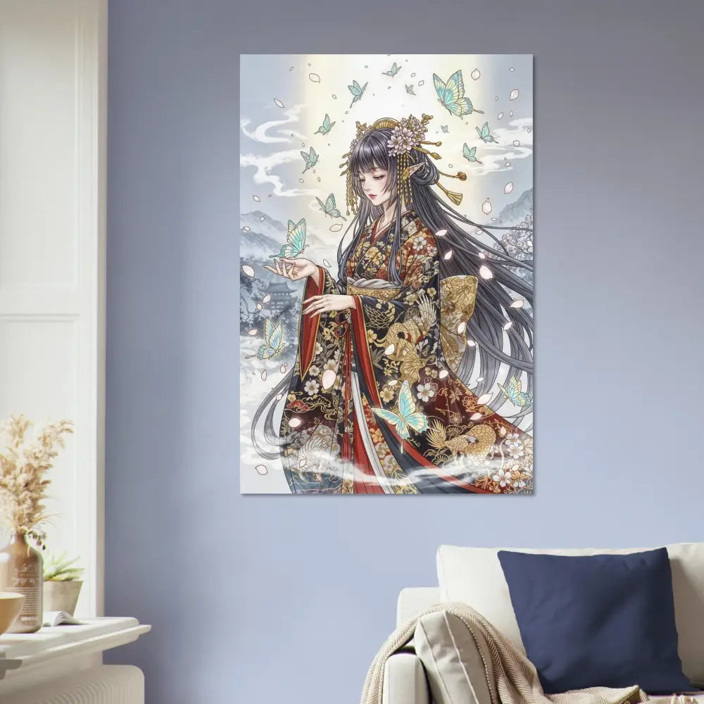 Ethereal Kimono Maiden canvas print featuring anime-style woman with butterflies in traditional kimono