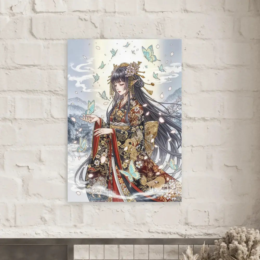 Ethereal Kimono Maiden wall art print featuring a woman in a decorated kimono with butterflies