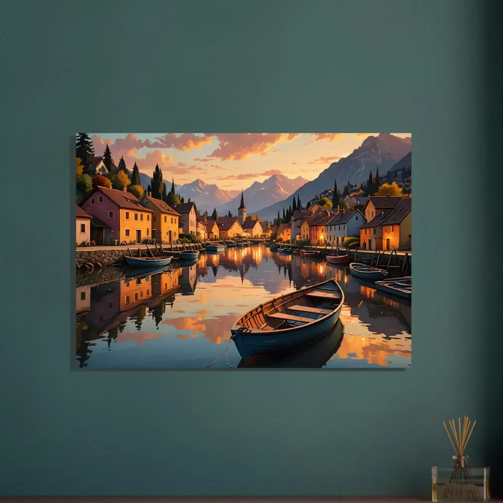 Picturesque village canal scene with tranquil reflections in evening glow for Fine Art Poster